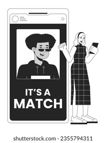 Online dating app bw concept vector spot illustration. Relationships. Woman matching with man 2D cartoon flat line monochromatic character for web UI design.editable isolated outline hero image