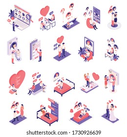 Online dating app choosing matching chatting virtual relationship invitation love isometric icons set vector illustration 