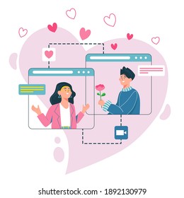 Online dating app concept. Cute couple online dating on the internet. Virtual relationship concept. Flat characters design vector illustration