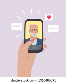 Online dating app concept. Female hand holding smartphone with handsome guy Profile. Sending heart and text message. Vector illustration.