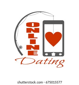 Online dating app concept with fishing rod and heart. Vector illustration