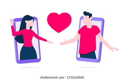 Online dating app concept flat style design vector illustration isolated on white background. Man and woman couple talking in big smart phones romantic application. Love and relationship composition.