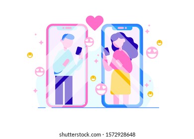 Online dating app concept.  Man and woman holding smartphones with each other profile chatting in social network. Virtual relationships. Flat style vector illustration