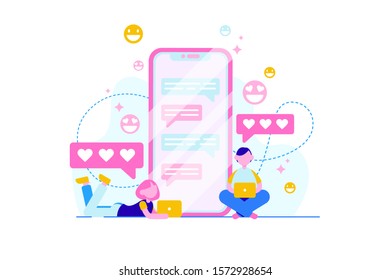Online dating app concept. Man and woman chatting in social network. Virtual relationships. Flat style vector illustration. 