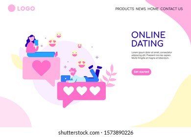 Online dating app concept. Man and woman sitting on a chat bubbles. Virtual relationships, finding love. Flat style vector illustration. Landing page template