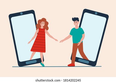 Concepto de aplicación de citas en línea. Encuentro de hombres y mujeres en las redes sociales. Amor virtual, relación de larga distancia. Ilustración vectorial en estilo plano