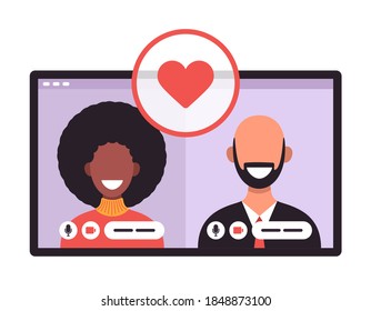 Online Dating App Concept With Man And Woman. Multicultural Relationship Flat Vector Illustration With African Woman And White Bald Man On Tablet Screen.