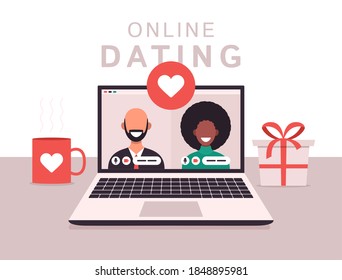 Online dating app concept with man and woman. Flat Vector illustration with african woman and white bald man on laptop screen.