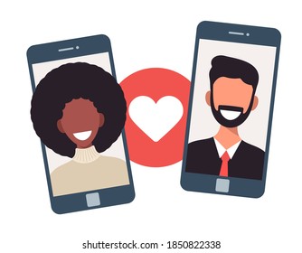 Online dating app concept with man and woman. multicultural relationship Flat Vector illustration with white blonde woman and african man on phone screen.