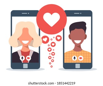 Online dating app concept with man and woman. multicultural relationship Flat Vector illustration with white blonde woman and african man on phone screen.