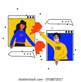 Online dating app concept. Social distancing and internet love. Ethnic flat woman and man give heart from virtual window frame. Couple in social media chatting find love, vector illustration.