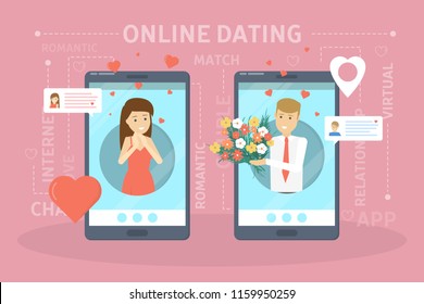 Online dating app concept. Virtual relationship and love. Communication between people through network on the smartphone. Perfect match. Flat vector illustration