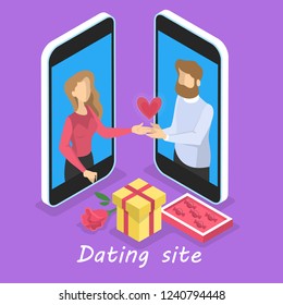 Online dating app concept. Virtual relationship and love. Couple communication through network on the smartphone. Perfect match. Flat vector illustration