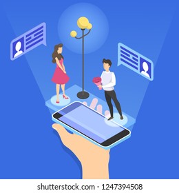 Online dating app concept. Virtual relationship and love. Couple communication through network on the smartphone. Perfect match. Flat vector illustration