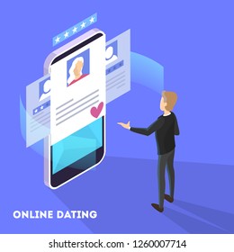 Online dating app concept. Virtual relationship and love. Couple communication through network on the smartphone. Perfect match. Flat vector illustration