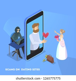 Online Dating App Concept. Virtual Relationship And Love. Couple Communication Through Network On The Smartphone. Perfect Match. Hacker On Website, Personal Data In Danger. Flat Vector Illustration