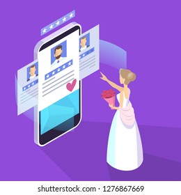 Online dating app concept. Virtual relationship and love. Couple communication through network on the smartphone. Perfect match. Flat vector illustration