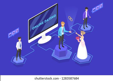 Online dating app concept. Virtual relationship and love. Couple communication through network on the smartphone. Perfect match. Flat vector illustration