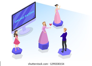 Online dating app concept. Virtual relationship and love. Couple communication through network on the smartphone. Perfect match. Man choose woman. Isolated vector isometric illustration