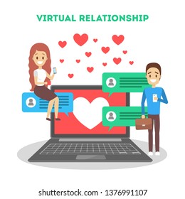 Online dating app concept. Virtual relationship and love. Communication between people through network on the smartphone. Perfect match. Flat vector illustration