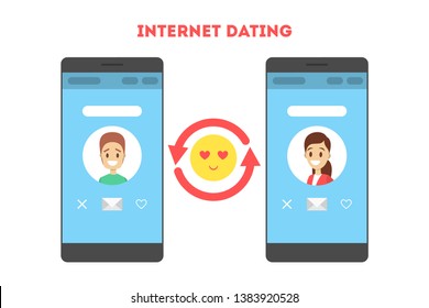 Online dating app concept. Virtual relationship and love. Communication between people through network on the smartphone. Perfect match. Flat vector illustration