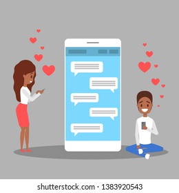 Online dating app concept. Virtual relationship and love. Communication between people through network on the smartphone. Perfect match. Flat vector illustration