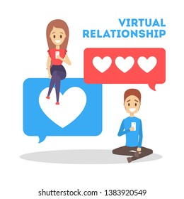 Online dating app concept. Virtual relationship and love. Communication between people through network on the smartphone. Perfect match. Flat vector illustration