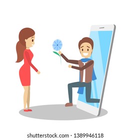 Online dating app concept. Virtual relationship and love. Communication between people through network on the smartphone. Perfect match. Flat vector illustration