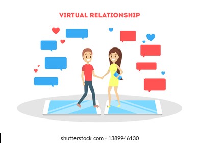 Online dating app concept. Virtual relationship and love. Communication between people through network on the smartphone. Perfect match. Flat vector illustration