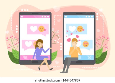Online dating app concept. Virtual relationship and love. Couple communication through network on the smartphone. Perfect match. Vector illustration in cartoon style