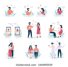 Online dating app concept. Virtual relationship and love. Communication between people through network on the smartphone. Perfect match and wedding. Flat vector illustration