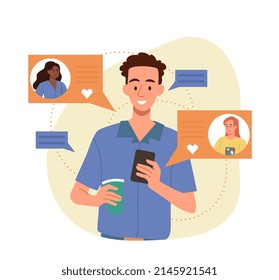 Online Dating App concept. Young smiling man with smartphone in his hands looking for girlfriend, likes and flirts. Communication in social networks. Search for love. Cartoon flat vector illustration