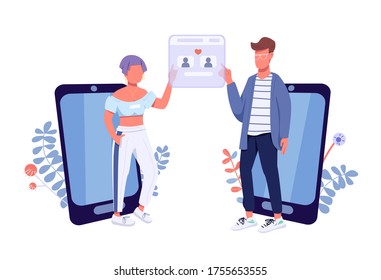 Online dating app flat concept vector illustration. Girlfriend and boyfriend 2D cartoon characters for web design. Romantic match finding application, generation Z romance creative idea
