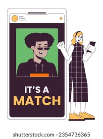 Online dating app flat line concept vector spot illustration. Relationships. Woman matching with man 2D cartoon outline character on white for web UI design. Editable isolated color hero image