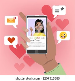 Online dating app. Hand holding mobile phone with female person on the screen. Sending heart to a girl and asking for a date. Searching for romantic relationship. Isolated flat vector illustration