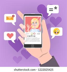 Online dating app. Hand holding mobile phone with female person on the screen. Sending heart to a girl and asking for a date. Searching for romantic relationship. Isolated flat vector illustration