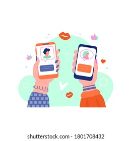 Online dating app interface on two phone screens. Hands holding smartphones with virtual date social media profile pictures, cartoon vector illustration.