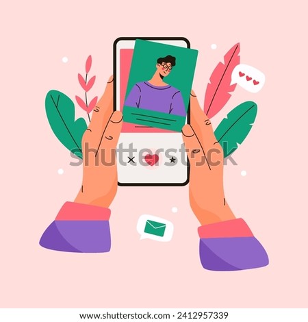 Online dating app. Man holding smartphone and chatting, male character using mobile application for virtual flirt and relationship. Vector flat illustration