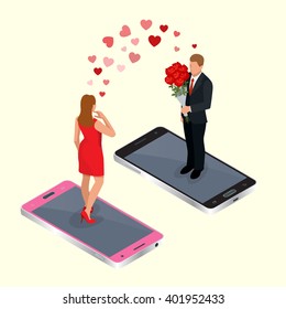 Online Dating App. Mann und Frau auf Smartphones. Akquisition durch das soziale Netzwerk. Flaches 3D-isometrisches Vektorgrafik. Für Infografiken und Design-Spiele. 