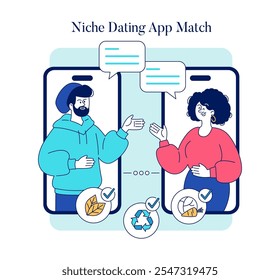 Online Dating App Match concept. Man and woman engaging in conversation through a dating application, finding common interests. Vector illustration.