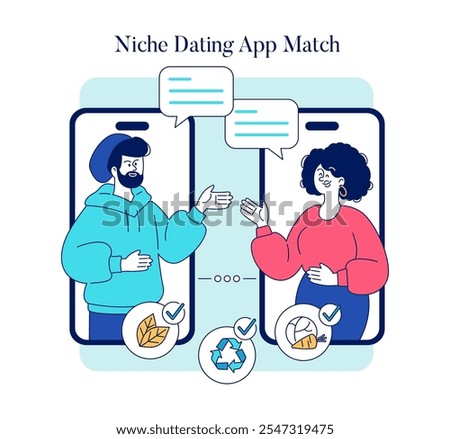 Online Dating App Match concept. Man and woman engaging in conversation through a dating application, finding common interests. Vector illustration.