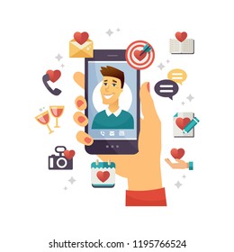 Online dating app - modern vector colorful illustration on white background. Person using smartphone, searching for romantic relationships. Hand holding phone with cute boy on screen, thematic icons