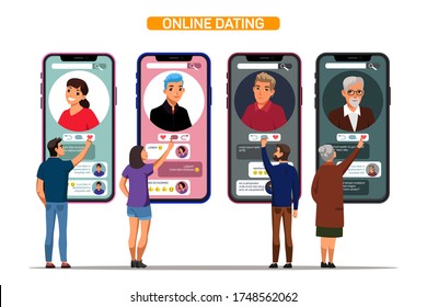 Online dating app pages with profiles on smartphone screens. Man and woman search couple relationship, like photo, write message. Vector character illustration romantic communication in social media