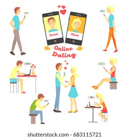 Online dating app, people finding love using dating websites and app on smartphones and computers set of vector Illustrations