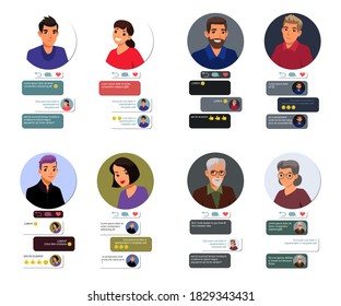 Online dating app with profile and chat set. Happy man and woman chatting in phone. Finding soulmate concept vector illustration. Conversation with text messages, emoji via internet.