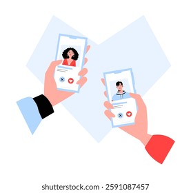 Online Dating App Profile Matching In Flat Vector Illustration Symbolizing Digital Romance, Relationship Search, And Virtual Connection, Isolated On White Background