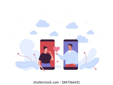 Online dating app service concept. Vector flat people illustration. Couple of man and woman on smartphone screen with heart shape match symbol. Design for banner, web.