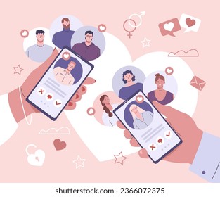 Aplicación de citas en línea en smartphone. Manos femeninas masculinas sostienen el teléfono y eligen candidatos. Amor digital y relación romántica, escena kicky vectorial