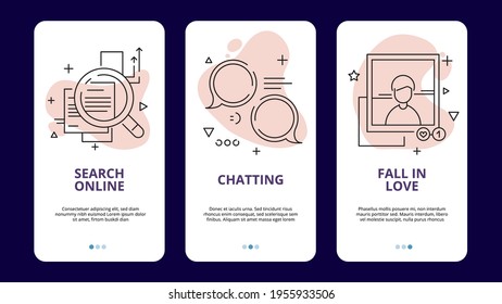 Online dating app template. Linear social media concepts, search chat and find your love vector banners