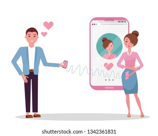 Online dating app users. Man and woman acquaintance in social network. Man is in love with a girl from dating site. Woman stands next to big smartphone with her web profile on screen. Flat vector